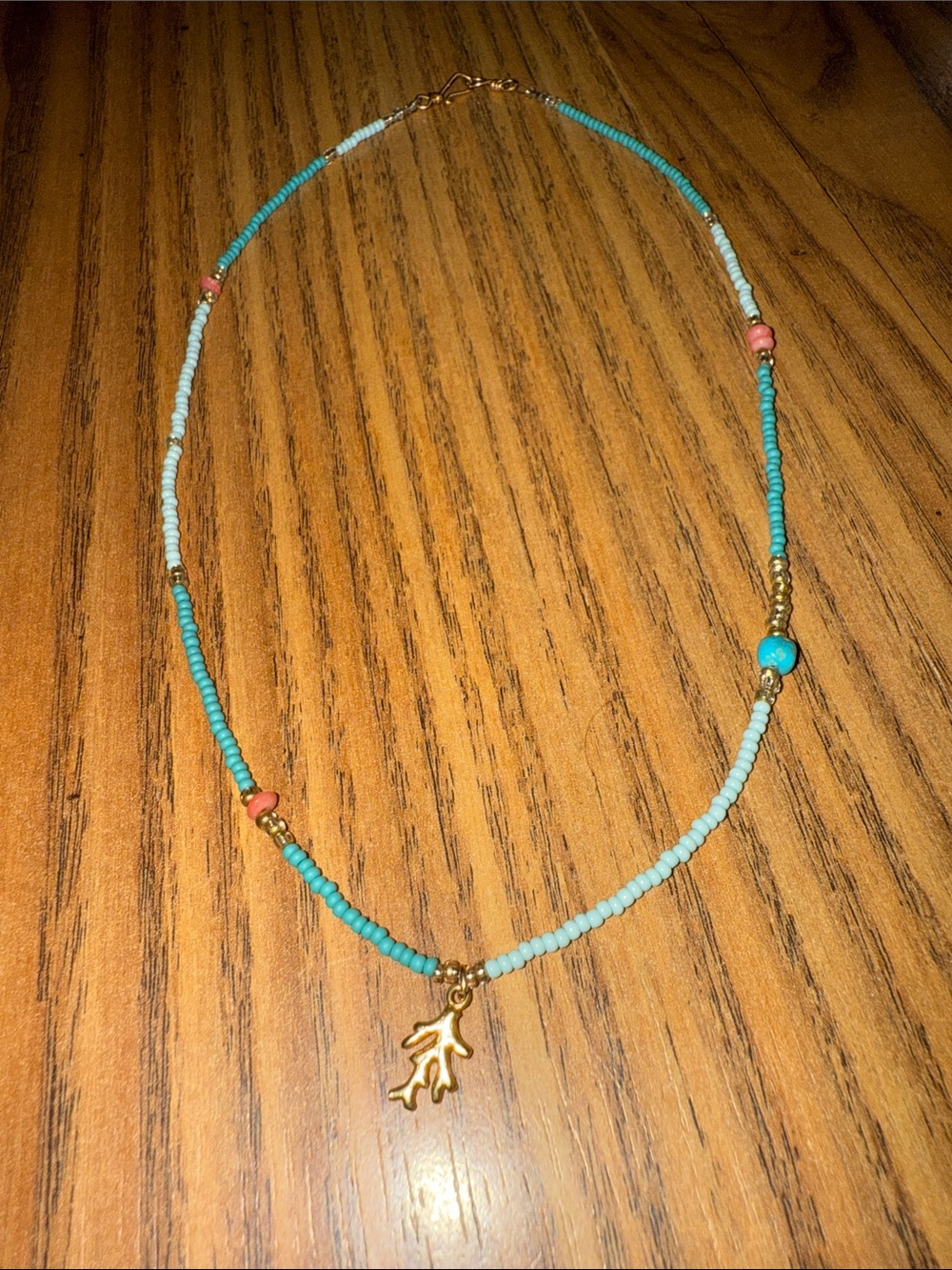Turquoise & Light Blue Seed Bead Necklace with Gold Coral Charm
